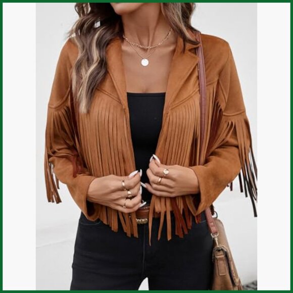 Faux Suede Leather Tassel Jacket with Fringe Cropped Western Style - Picture 5 of 7